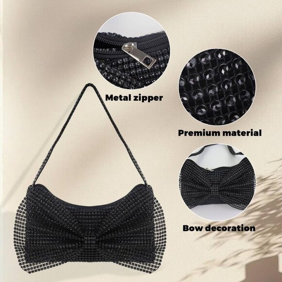 🆕Women Black Rhinestone Evening Clutch Purse, Sparkly Bowknot Small Handbag - Picture 4 of 6